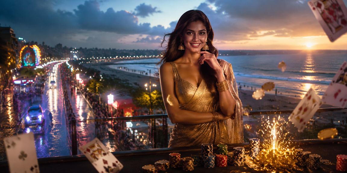 Neon lights at Chennai Marina Beach with online poker game